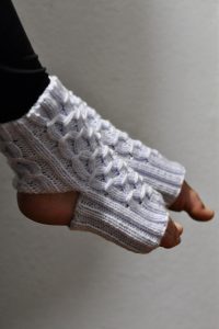 Balance Yoga Socks handknit pattern modeled on feet against shaded white background